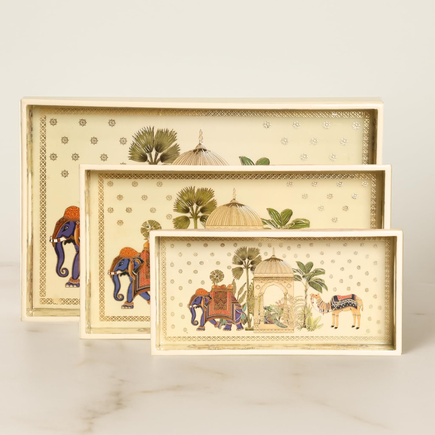 Wooden Serving Tray Set of 3 with Gold Engraving | Royal Camel Design | Waterproof Enamel Coated Decorative Trays | Rectangular, 16X10, 14X8, 12X6 (Royal Camel)