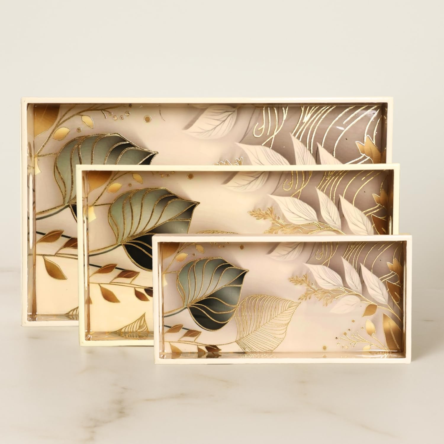 Wooden Serving Tray Set of 3 with Gold Engraving | White Leaf Design | Waterproof Enamel Coated Decorative Trays for Home Decor & Kitchen | Rectangular Sizes 16x10, 14x8, 12x6